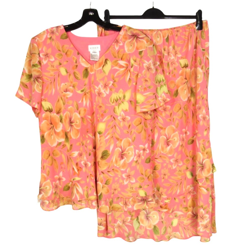 VTG KORET WOMAN Pink FLORAL Crepe LAYERED BEADS HEM Top/Skirt OUTFIT SET Sz 18W